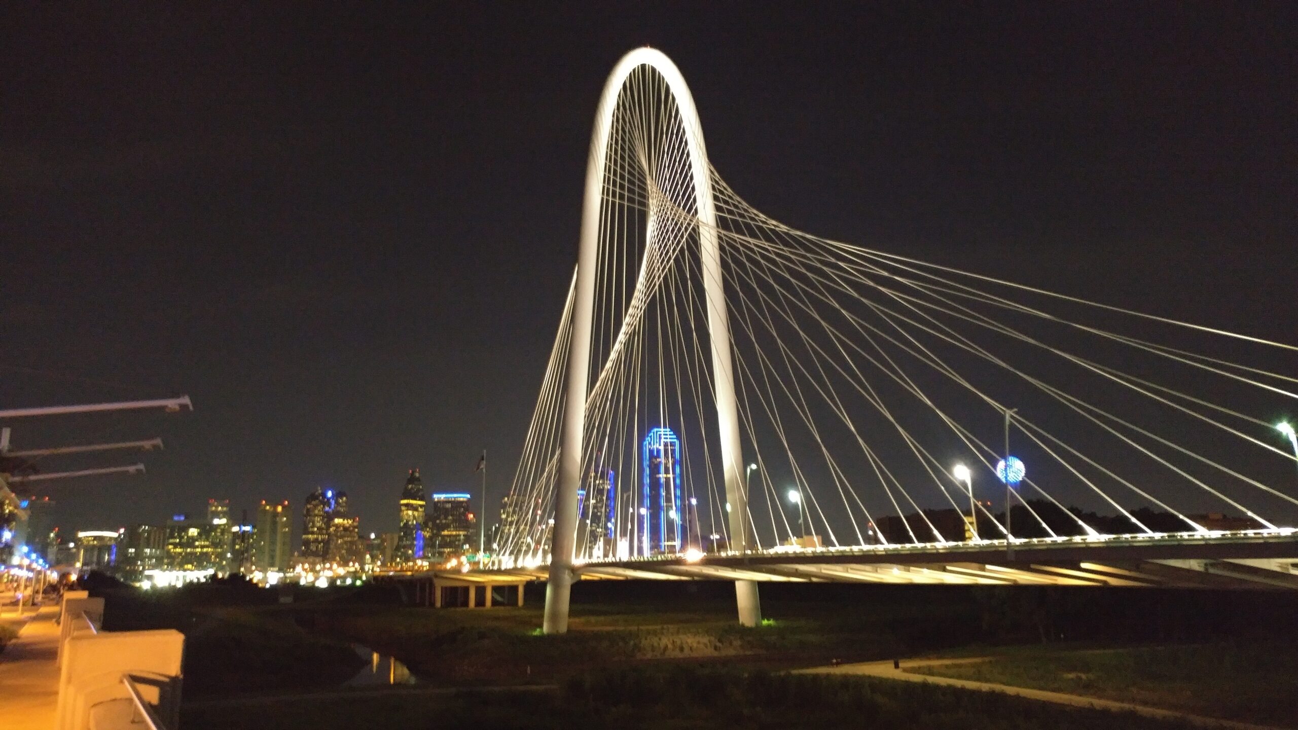 lighted bridge at night in dallas, texas