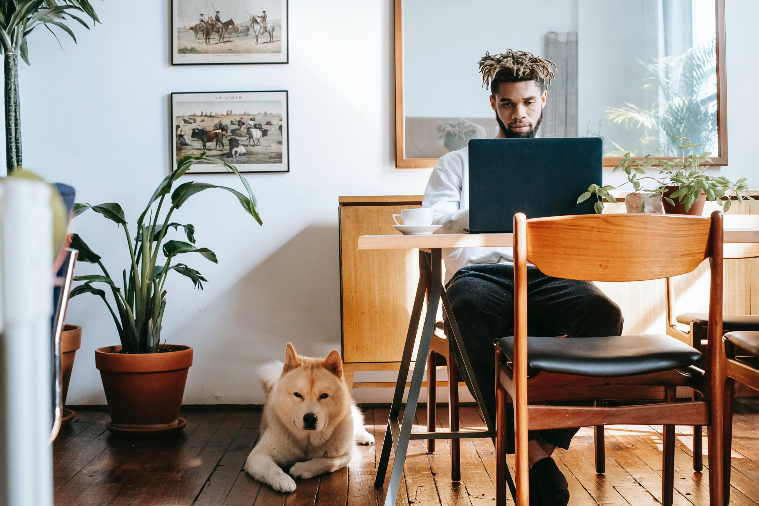 black man sitting at table with laptop and a dog at his feet